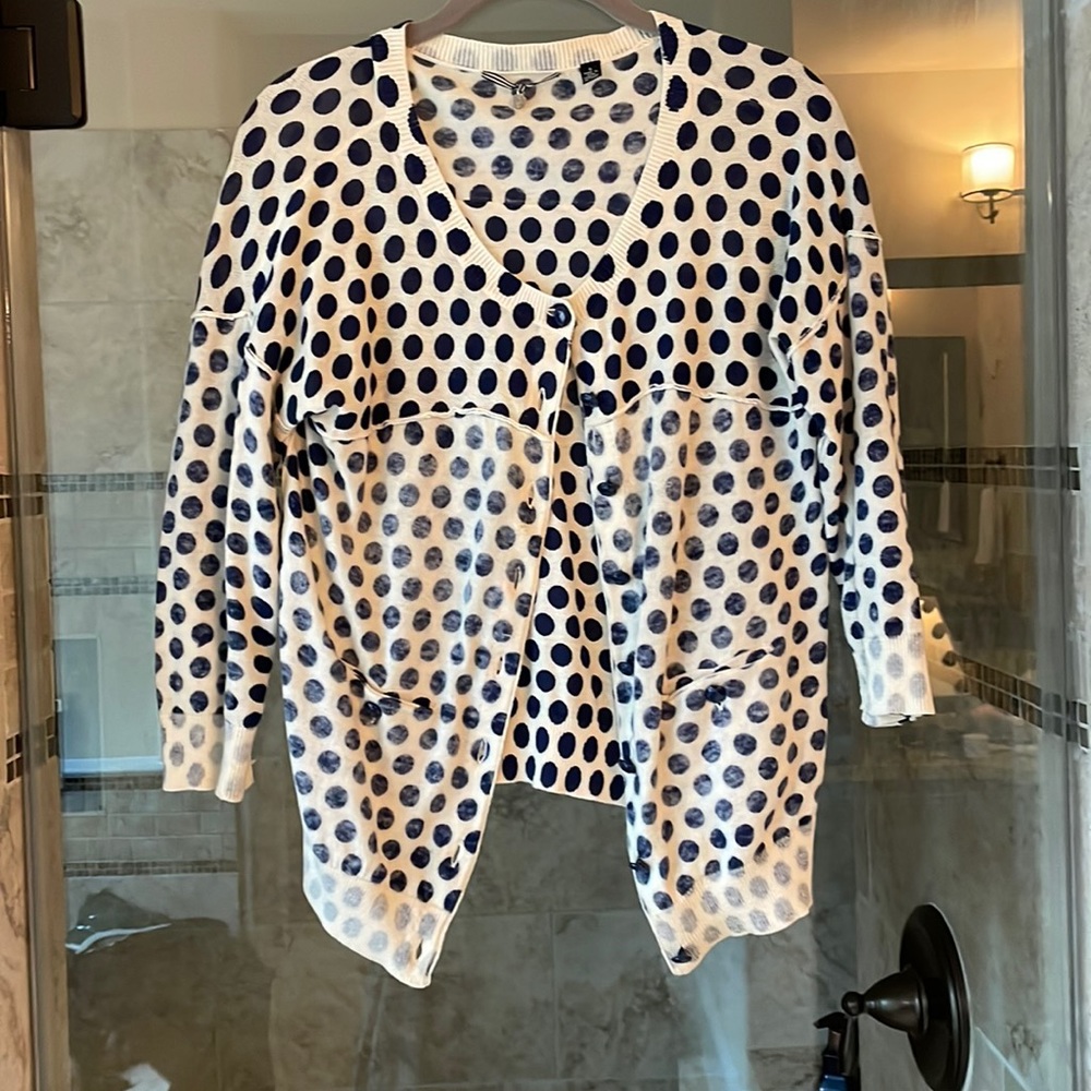 Anthropologie Navy + White Polka Dot Cardigan